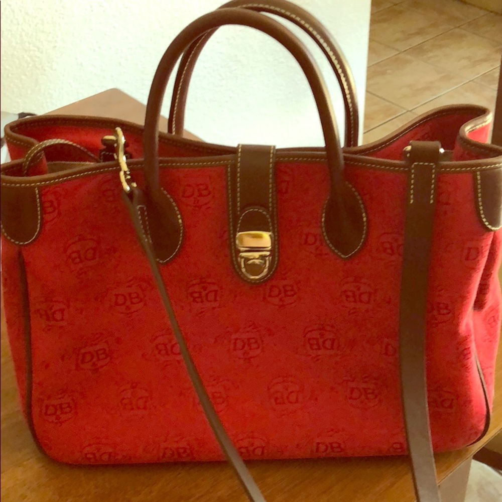 Red and brown leather trim Dooney and Bourne tote